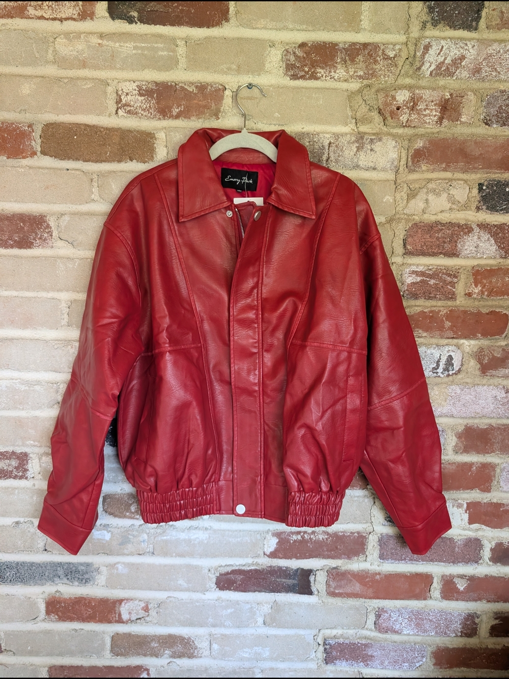 emory park Red Fuax Leather Bomber Jacket